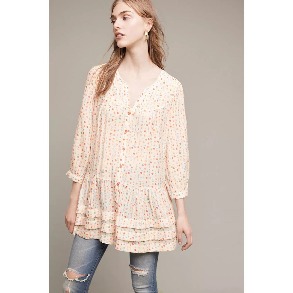 ANTHROPOLOGIE | Maeve Confetti Dot Tiered Peplum Tunic Blouse | Medium